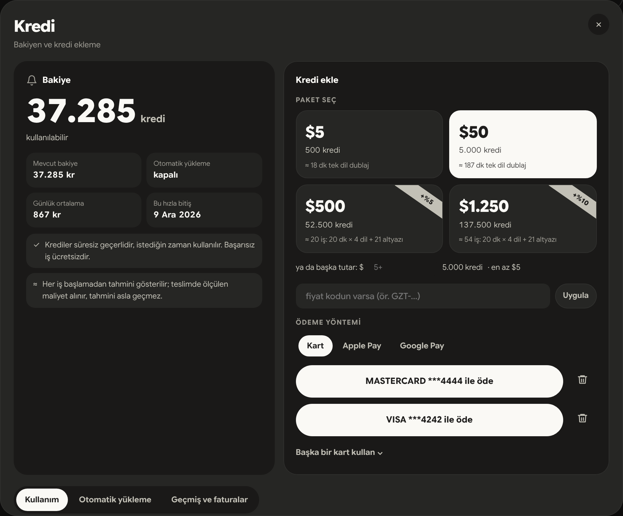 The credits screen: balance on the left, packs of $5, $50, $500 and $1,250 on the right, saved cards as pay buttons